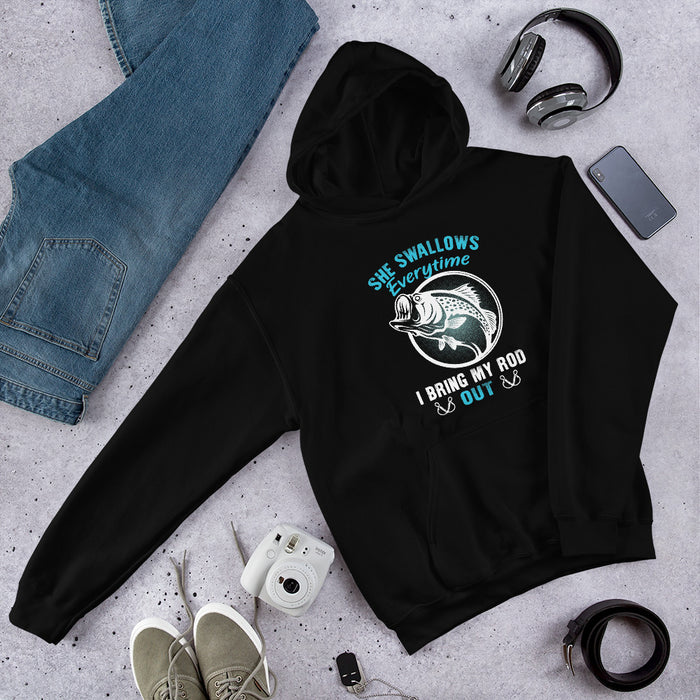 She Swallows Everything When I Bring Out My Rod | Best Fishing Gift For Man | Fisherman Hoodie | Fishing Graphic Hood | Fishing Gift For Men