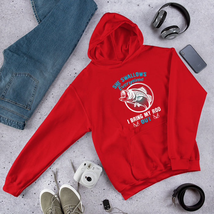 She Swallows Everything When I Bring Out My Rod | Best Fishing Gift For Man | Fisherman Hoodie | Fishing Graphic Hood | Fishing Gift For Men